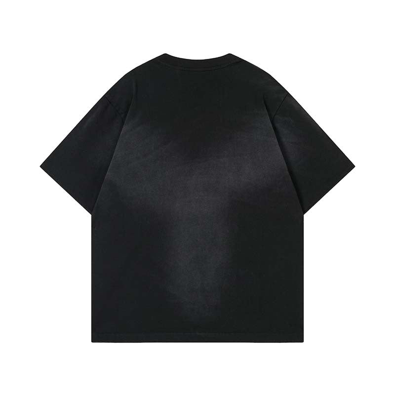Manga letter printed water washed spray painted short sleeved shirt
