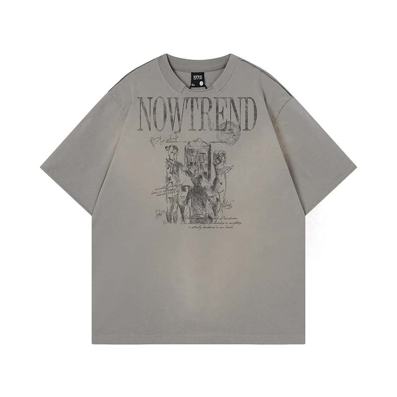 Manga letter printed water washed spray painted short sleeved shirt