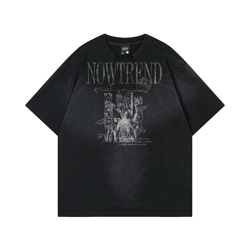 Manga letter printed water washed spray painted short sleeved shirt