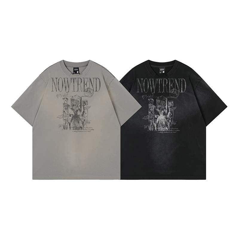 Manga letter printed water washed spray painted short sleeved shirt